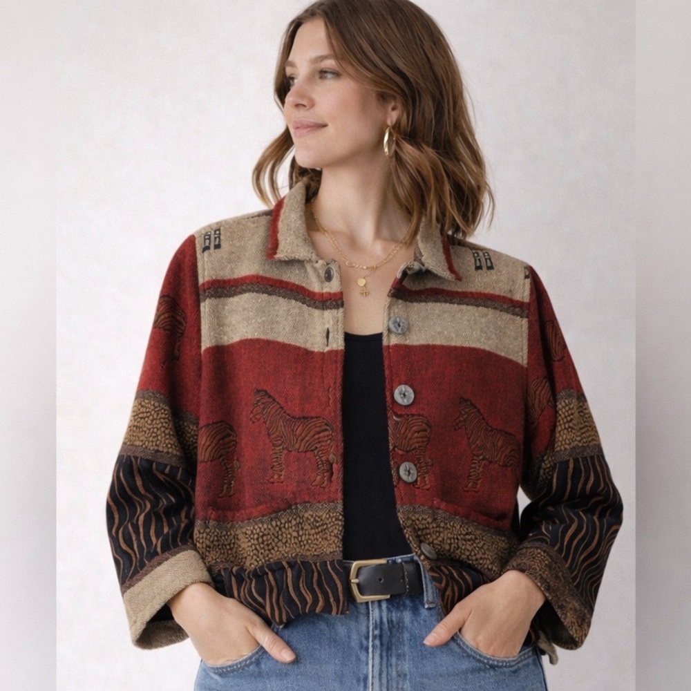Vintage Jane Ashley Tapestry Jacket Zebra Print Boho Southwestern Cropped Blazer